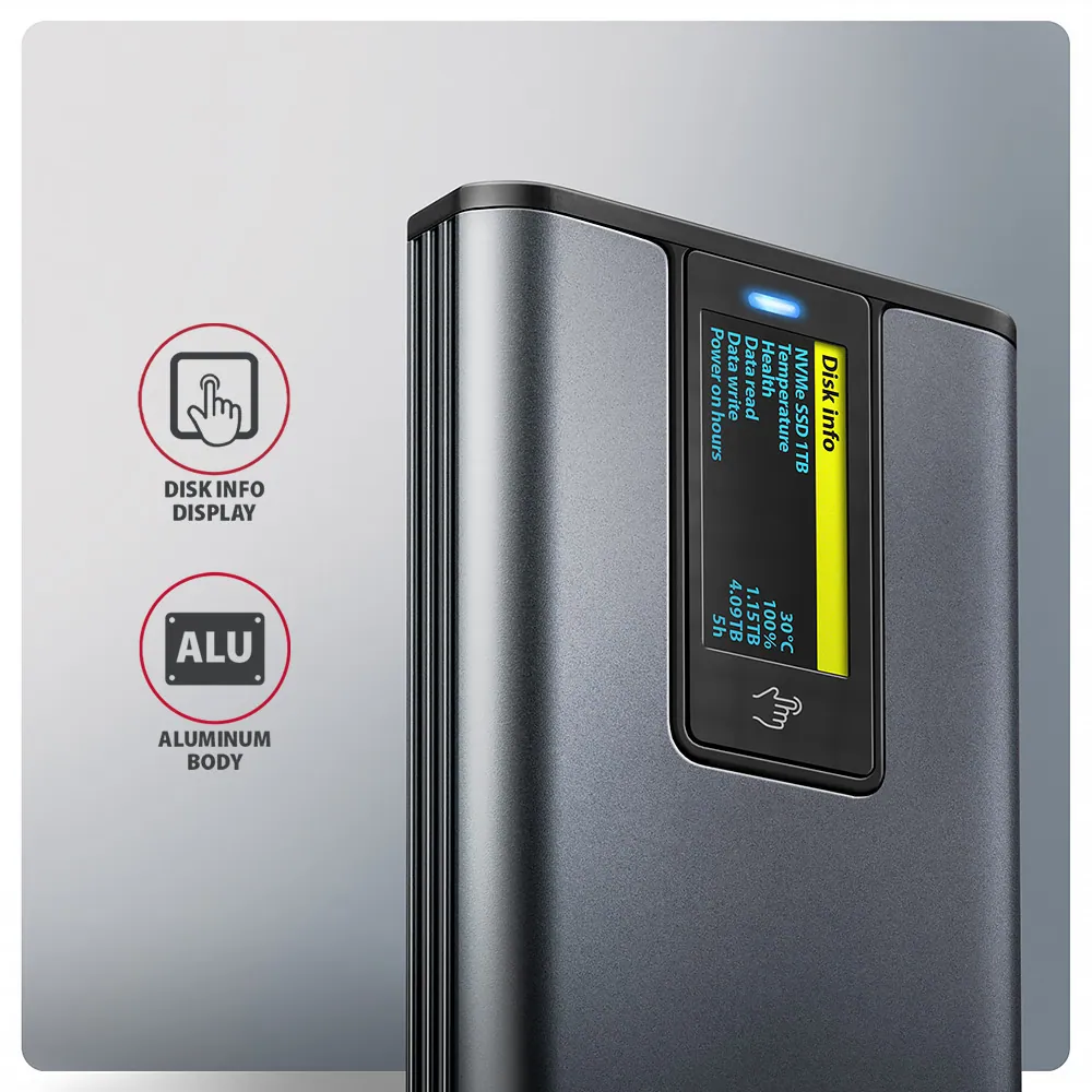 AXAGON EEM2-SD2 USB-C 10Gbps – M.2 NVMe & SATA SSD Display Box Silver – 3. kép