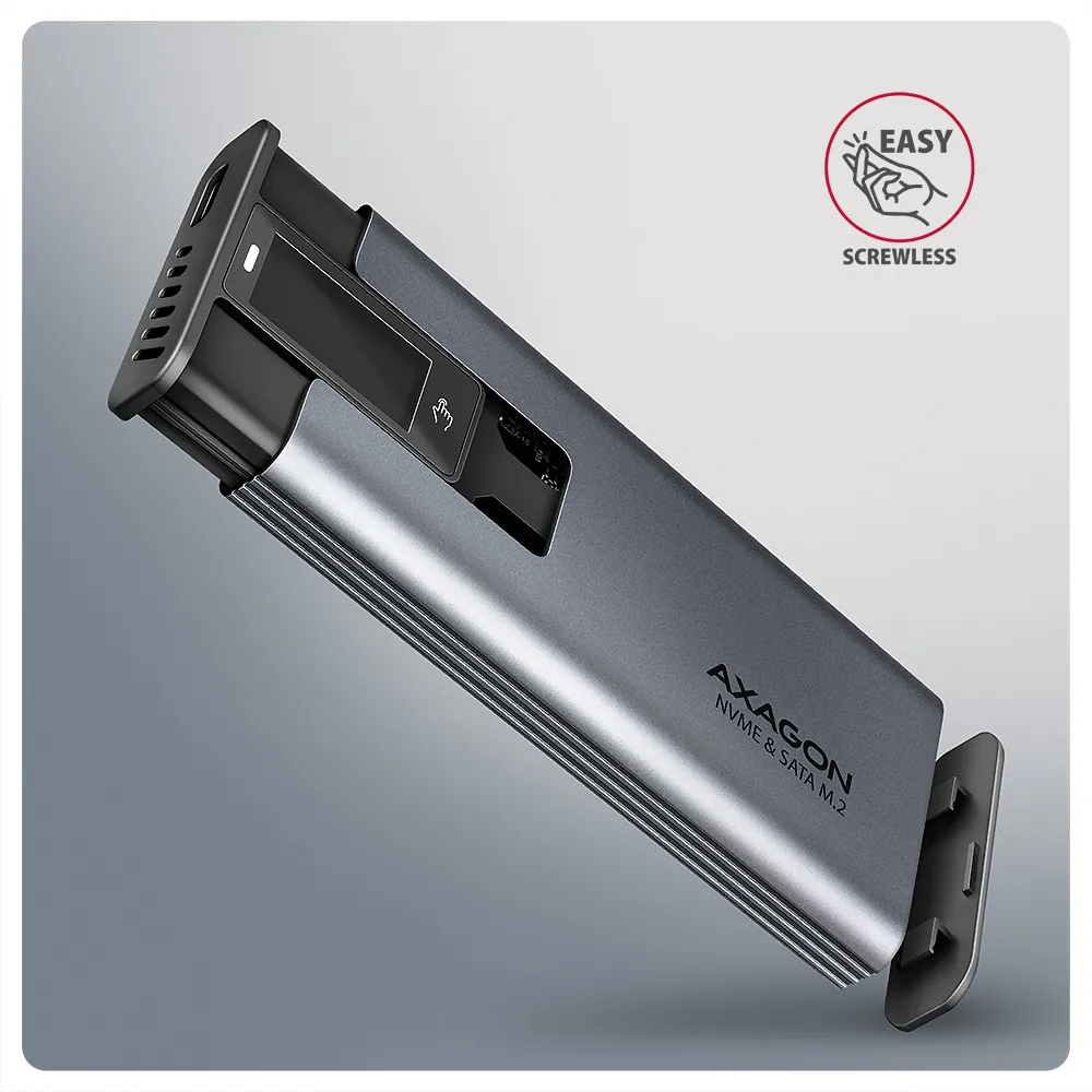 AXAGON EEM2-SD2 USB-C 10Gbps – M.2 NVMe & SATA SSD Display Box Silver – 6. kép