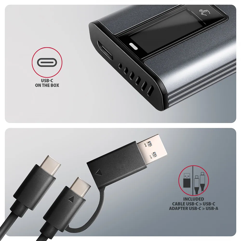 AXAGON EEM2-SD2 USB-C 10Gbps – M.2 NVMe & SATA SSD Display Box Silver – 7. kép