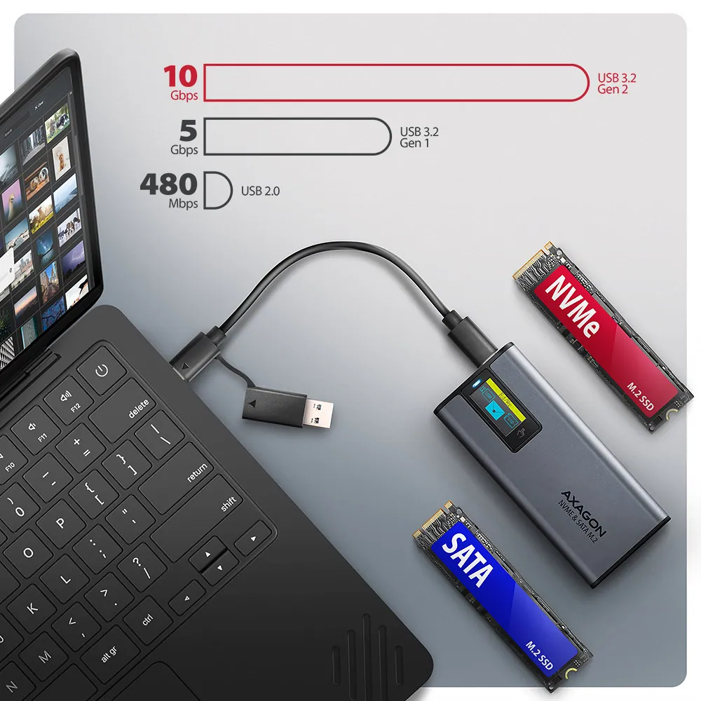 AXAGON EEM2-SD2 USB-C 10Gbps – M.2 NVMe & SATA SSD Display Box Silver – 8. kép