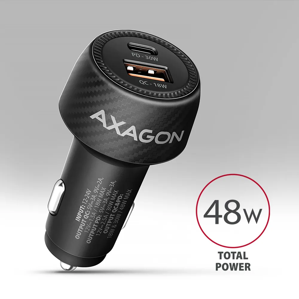 AXAGON PWC-PQ48 PD3.0 & QC4+ 2xOUTPUTS car charger 48W Black – 2. kép