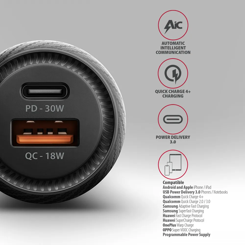 AXAGON PWC-PQ48 PD3.0 & QC4+ 2xOUTPUTS car charger 48W Black – 4. kép