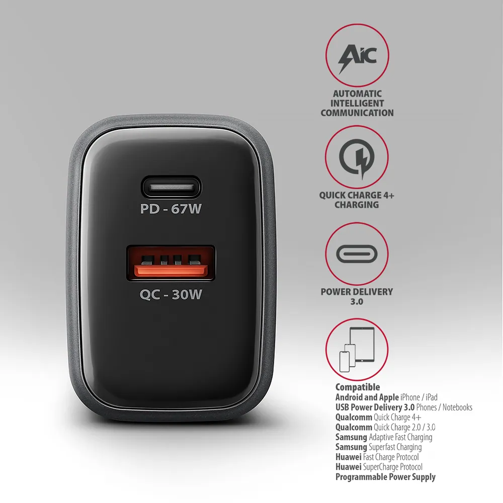 AXAGON ACU-PQ67 PD3.0 & QC4+ 2xOUTPUTS wall charger 67W Black – 4. kép