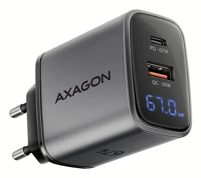 AXAGON ACU-PQ67D PD3.0 & QC4+ 2xOUTPUTS LCD display wall charger 67W Black