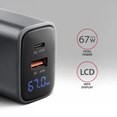 AXAGON ACU-PQ67D PD3.0 & QC4+ 2xOUTPUTS LCD display wall charger 67W Black – 2. kép