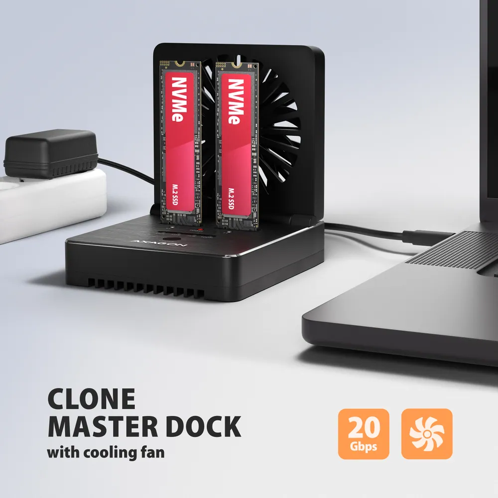 AXAGON ADSA-M2C22 USB-C 20Gbps docking station for 2x M.2 NVMe / SATA SSD with disk cloning function without PC – 2. kép