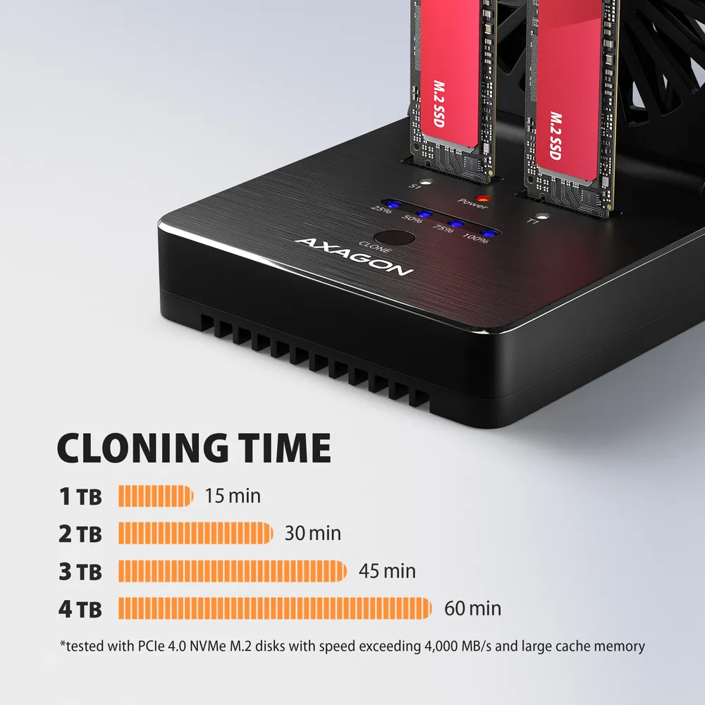 AXAGON ADSA-M2C22 USB-C 20Gbps docking station for 2x M.2 NVMe / SATA SSD with disk cloning function without PC – 8. kép