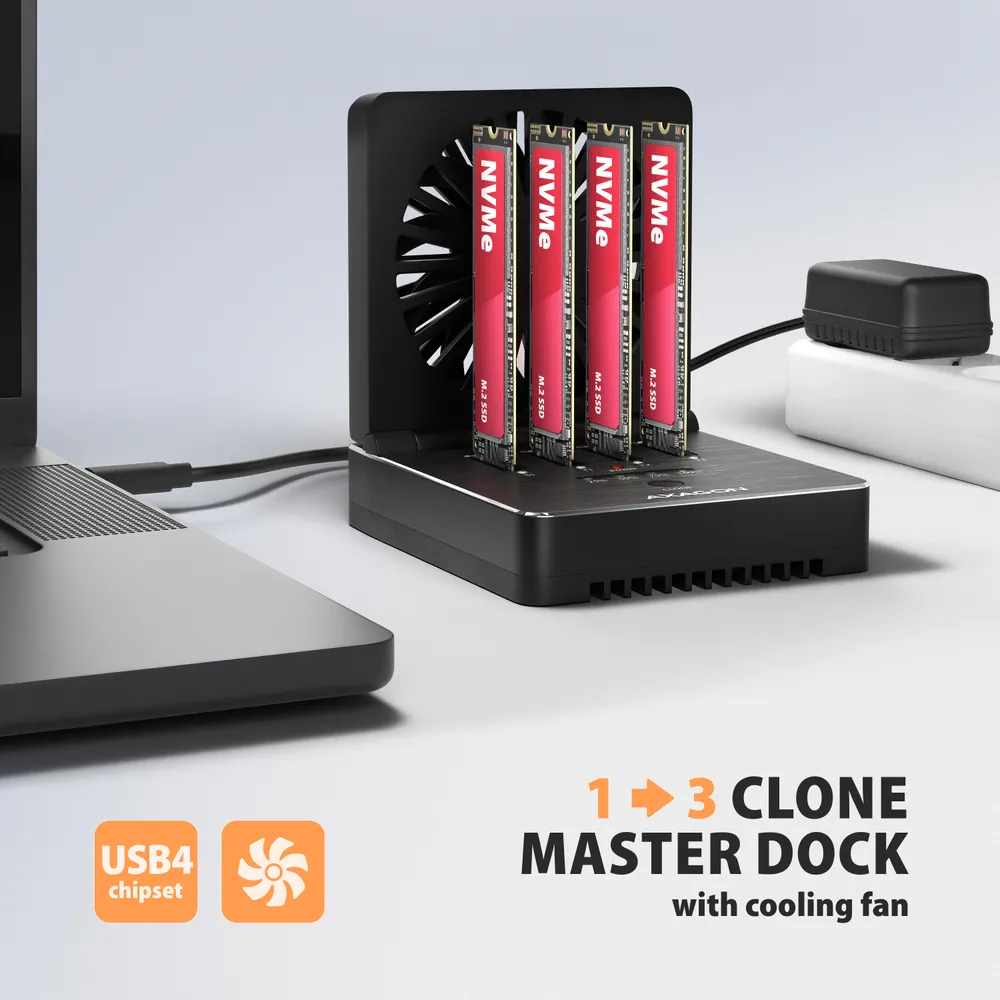 AXAGON ADSA-M2C44 USB4 docking station for 4x M.2 NVMe SSDs with disk cloning function without a PC – 2. kép