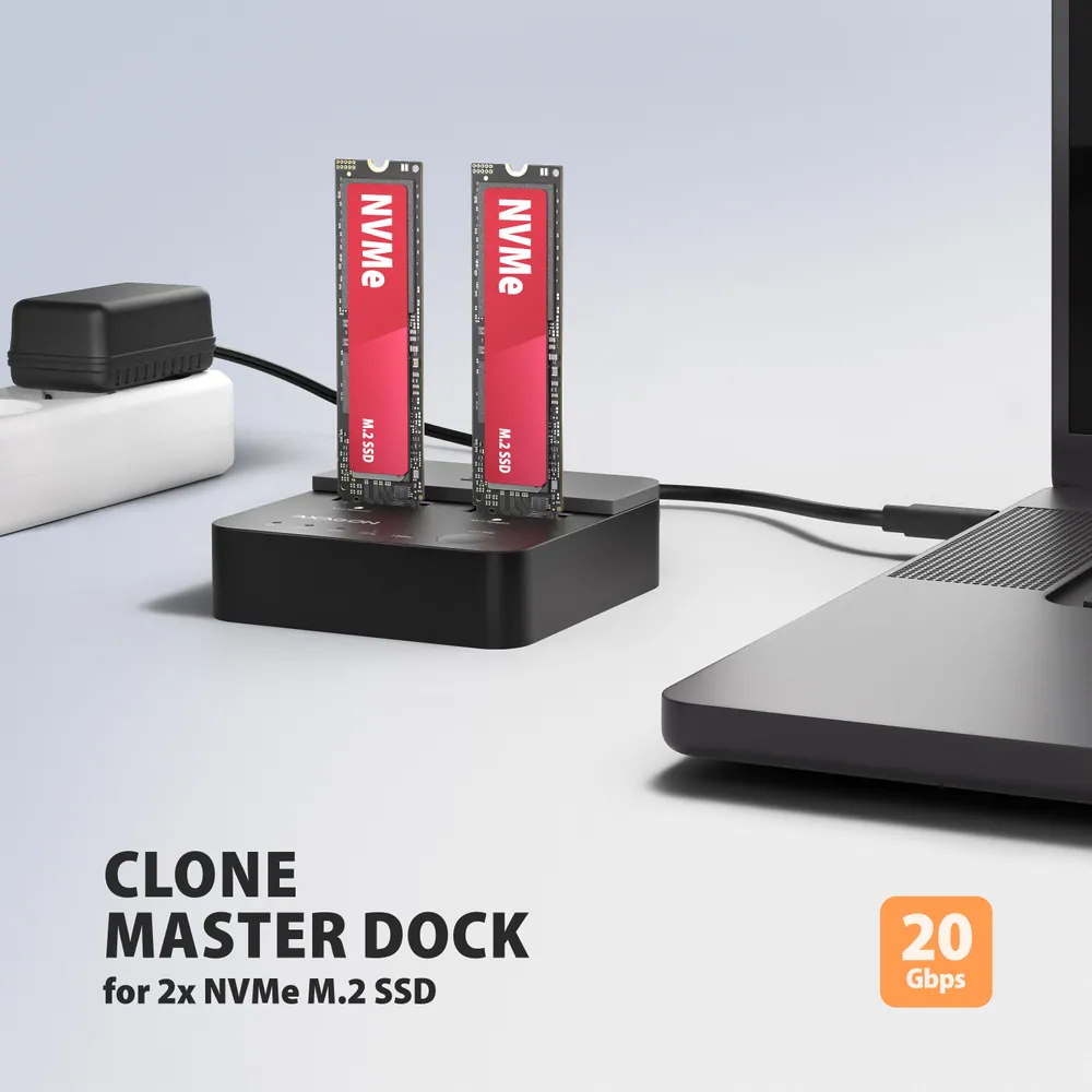 AXAGON ADSA-M2C22L USB-C 20Gbps docking station for 2× M.2 NVMe SSD with disk cloning function without PC – 2. kép