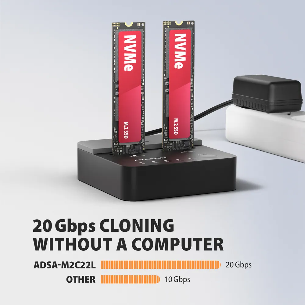 AXAGON ADSA-M2C22L USB-C 20Gbps docking station for 2× M.2 NVMe SSD with disk cloning function without PC – 5. kép