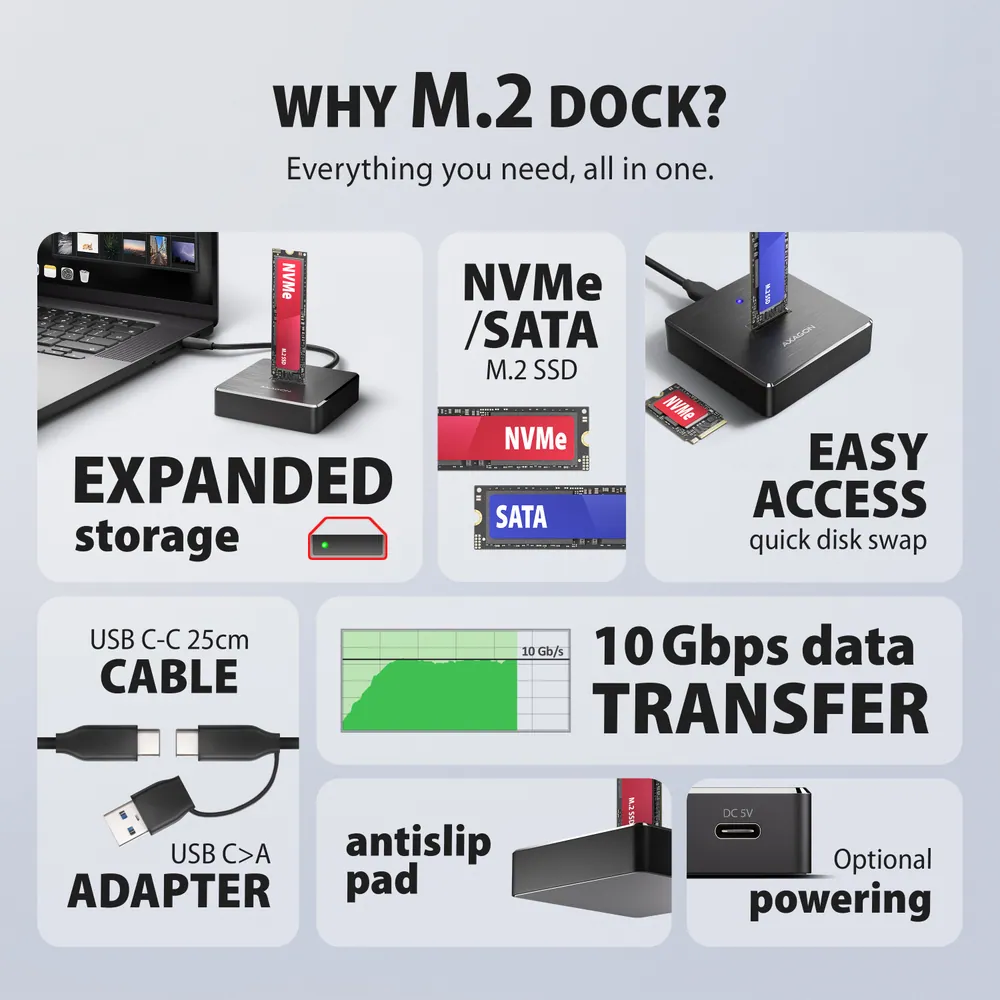 AXAGON ADSA-M2C11 USB-C 10Gbps docking station for M.2 NVMe / SATA SSD – 3. kép