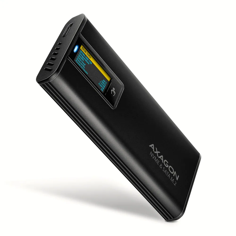 AXAGON EEM2-SD2B USB-C 10Gbps – M.2 NVMe & SATA SSD Display Box Black