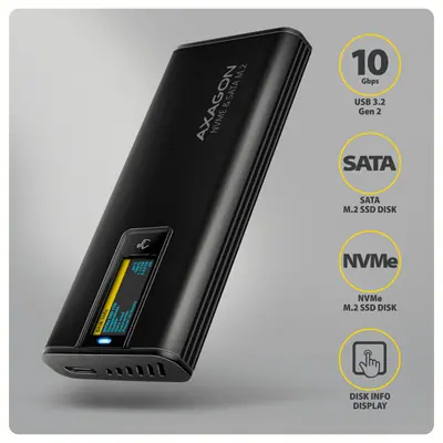 AXAGON EEM2-SD2B USB-C 10Gbps – M.2 NVMe & SATA SSD Display Box Black – 2. kép