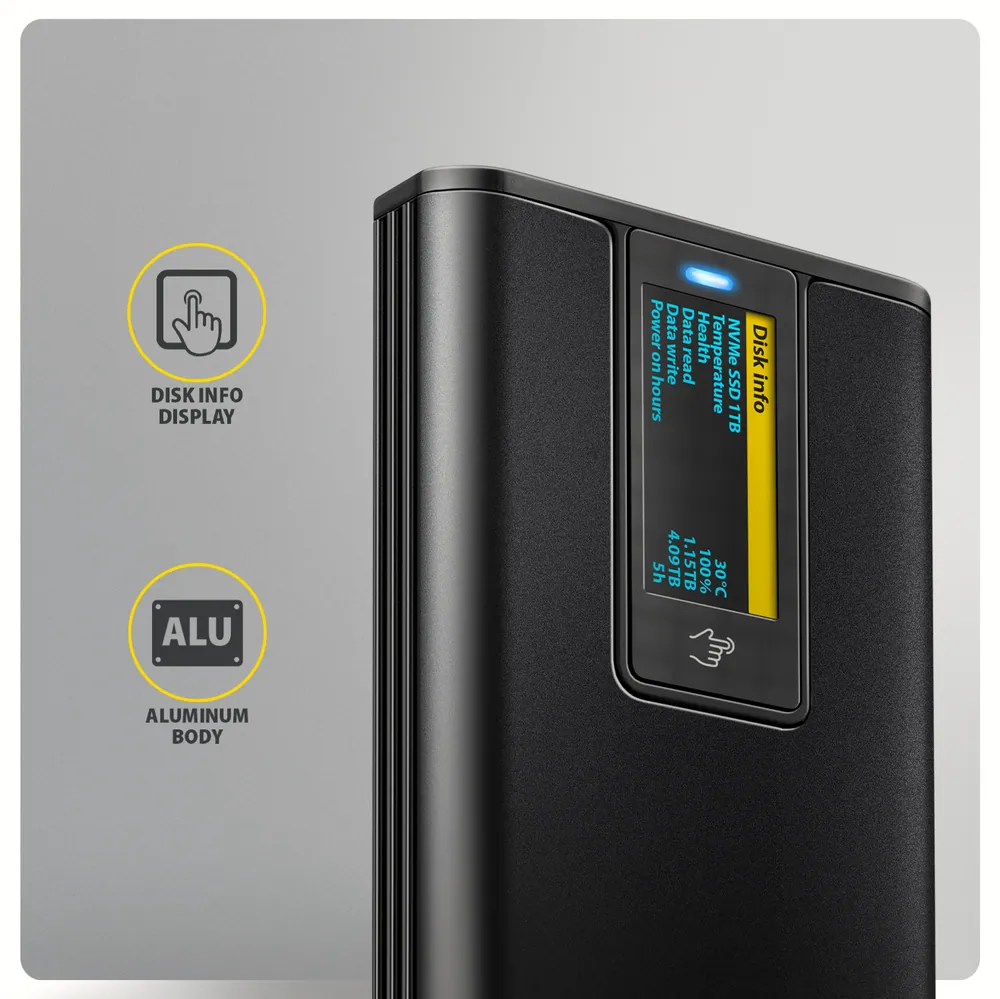 AXAGON EEM2-SD2B USB-C 10Gbps – M.2 NVMe & SATA SSD Display Box Black – 3. kép