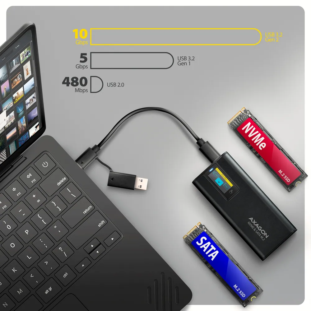 AXAGON EEM2-SD2B USB-C 10Gbps – M.2 NVMe & SATA SSD Display Box Black – 8. kép