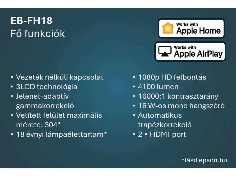 EPSON Projektor - EB-FH18 (3LCD, 1920x1080 (Full HD), 16:9, 4100 AL, 16 000:1, 2xHDMI/USB/WiFi/Apple AirPlay 2) – 7. kép