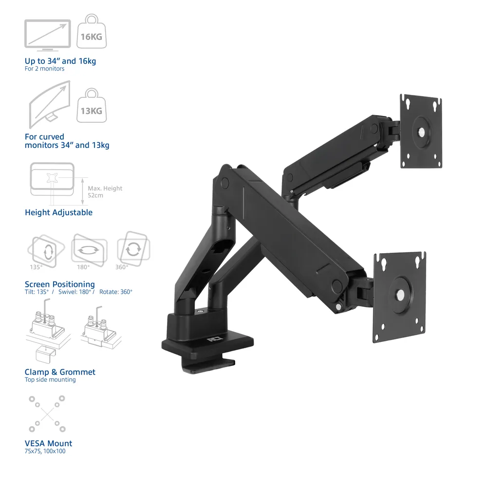 ACT AC8312 Gas Spring Dual Monitor Arm Office 13"-32" Black – 7. kép