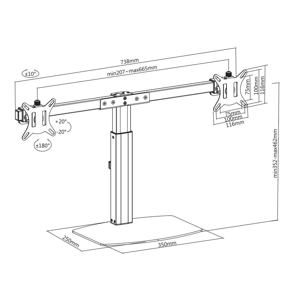 ACT AC8332 Free Standing Gas Spring Dual Monitor Arm Office Crossbar 10"-27" Black – 4. kép