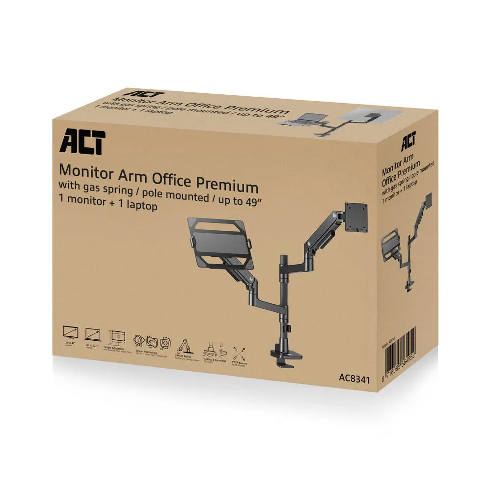 ACT AC8341 Single Monitor Arm and Laptop Arm Office Premium with Gas Spring Pole Mounted – 5. kép