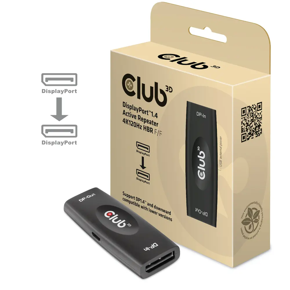 Club 3D Átalakító - CAC-1007 (DisplayPort 1.4, 4K120Hz HBR3, Aktív Ismétlő, F/F, 20m)