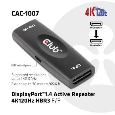 Club 3D Átalakító - CAC-1007 (DisplayPort 1.4, 4K120Hz HBR3, Aktív Ismétlő, F/F, 20m) – 2. kép