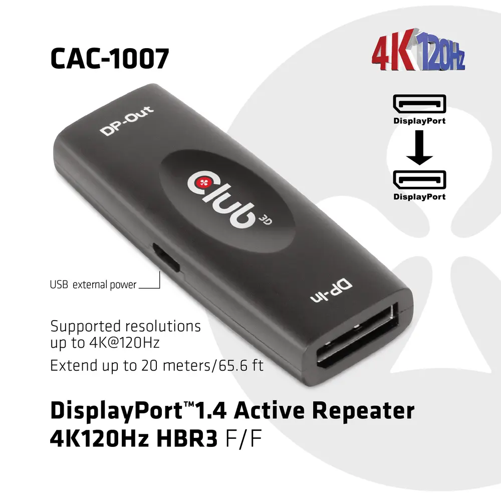 Club 3D Átalakító - CAC-1007 (DisplayPort 1.4, 4K120Hz HBR3, Aktív Ismétlő, F/F, 20m) – 2. kép