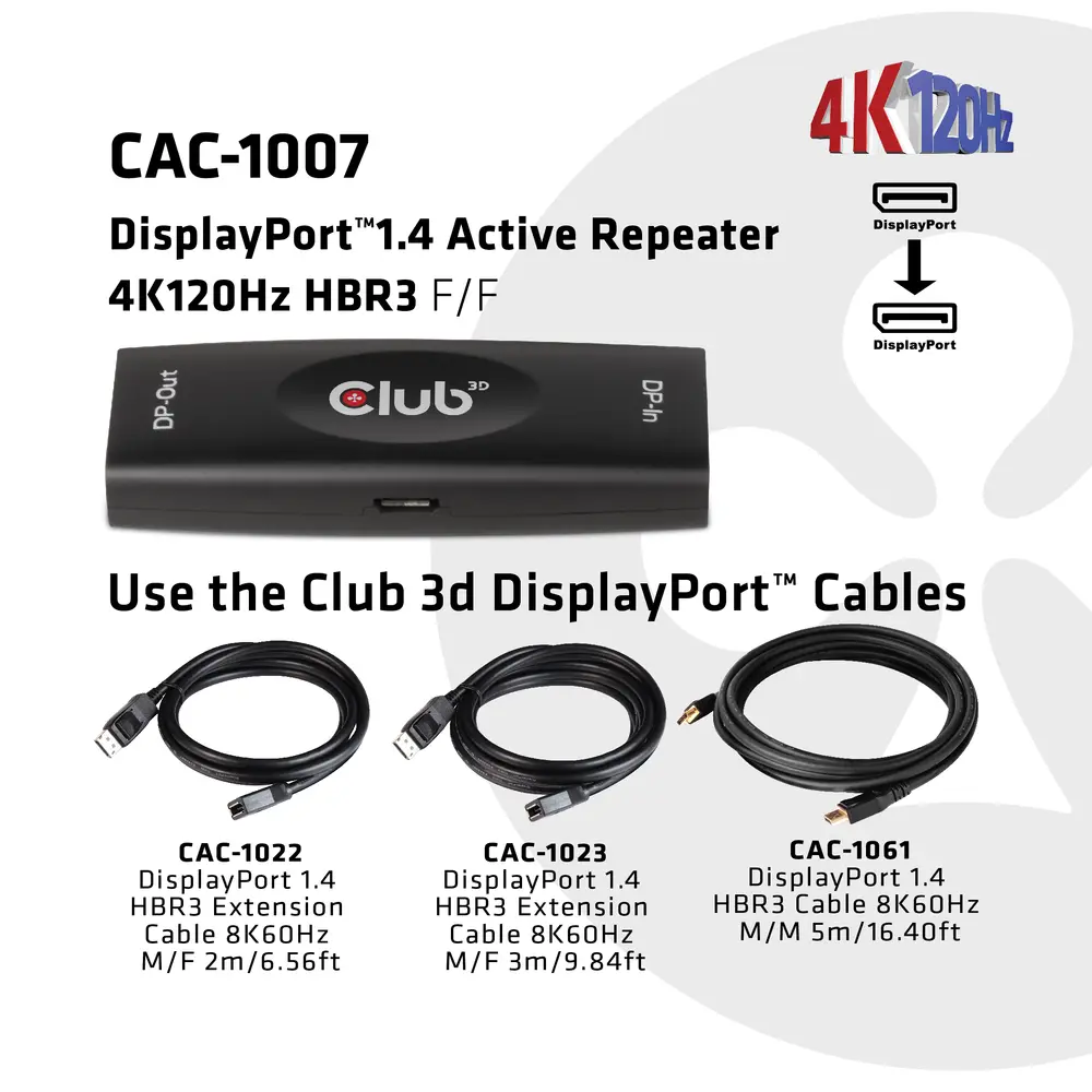 Club 3D Átalakító - CAC-1007 (DisplayPort 1.4, 4K120Hz HBR3, Aktív Ismétlő, F/F, 20m) – 3. kép