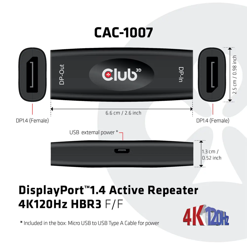 Club 3D Átalakító - CAC-1007 (DisplayPort 1.4, 4K120Hz HBR3, Aktív Ismétlő, F/F, 20m) – 5. kép