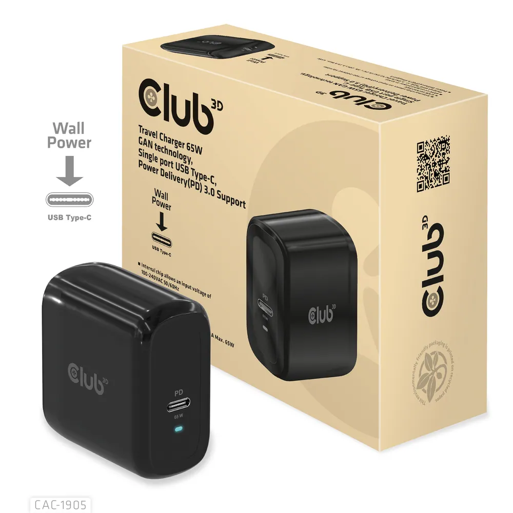 Club 3D Hálózati Adapter - CAC-1905EU (65W GAN, USB-C, PD 3.0, túltöltés védelem, kicsi méret) – 3. kép