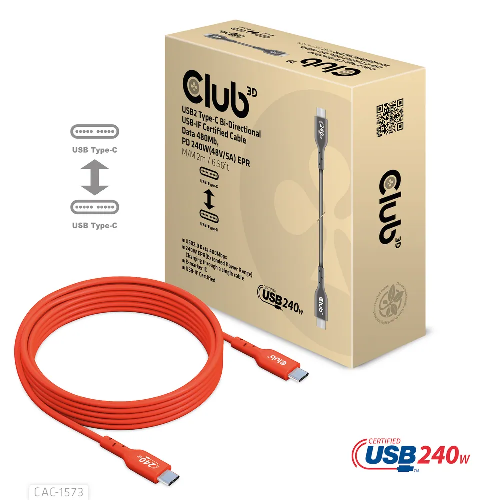 Club 3D Kábel - CAC-1573 (USB2 USB-C, Kétirányú, 480Mb, 240W EPR, M/M, 2m) – 6. kép
