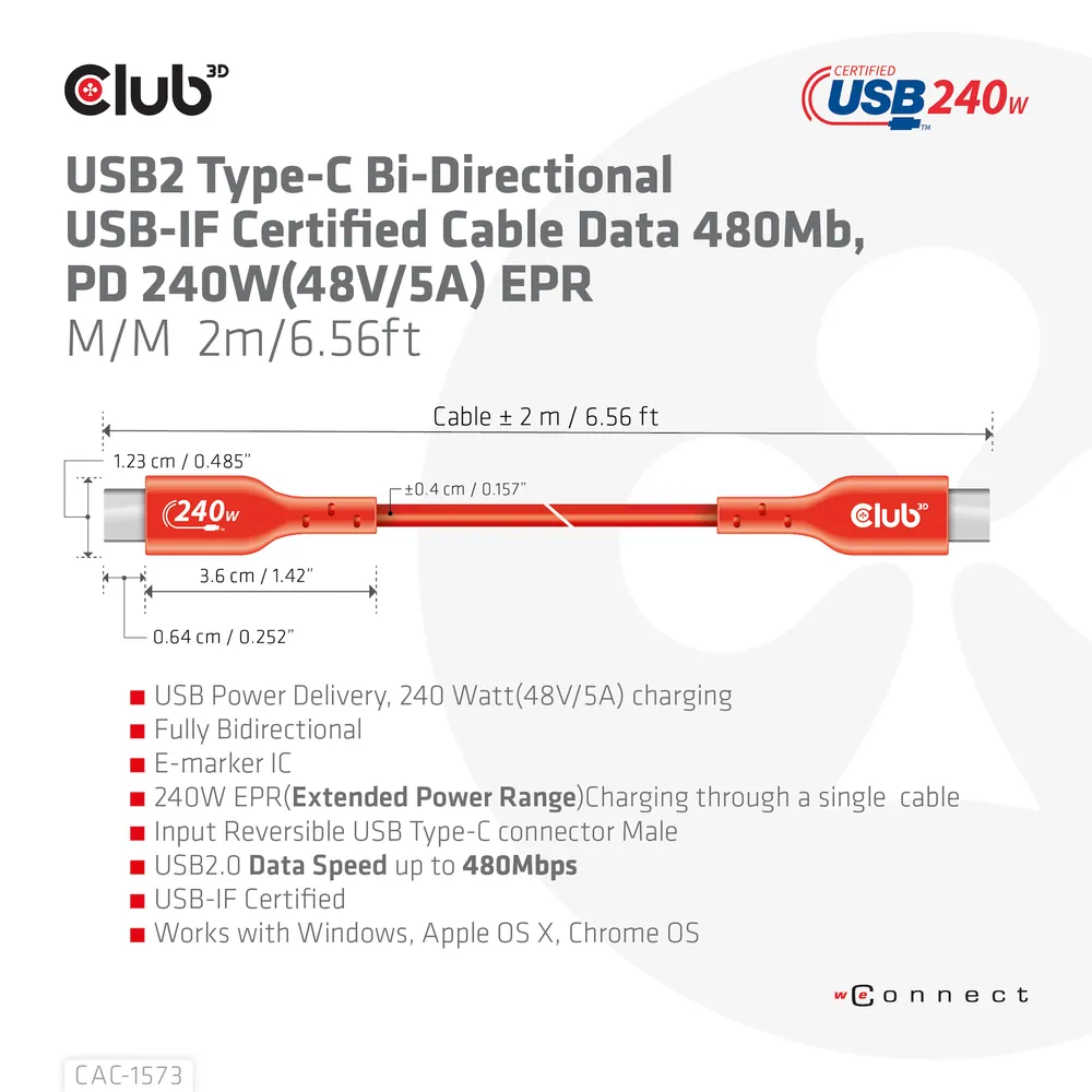 Club 3D Kábel - CAC-1573 (USB2 USB-C, Kétirányú, 480Mb, 240W EPR, M/M, 2m) – 8. kép