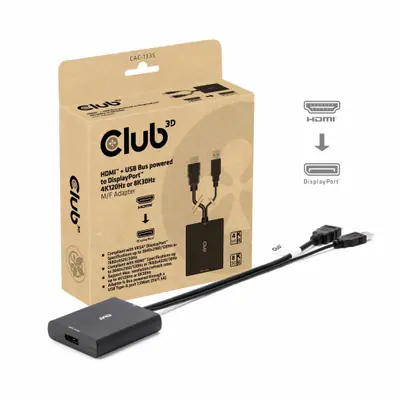 Club 3D Átalakító - CAC-1335 (HDMI+Micro USB to DisplayPort, 4K120Hz/8K30Hz, M/F, aktív)