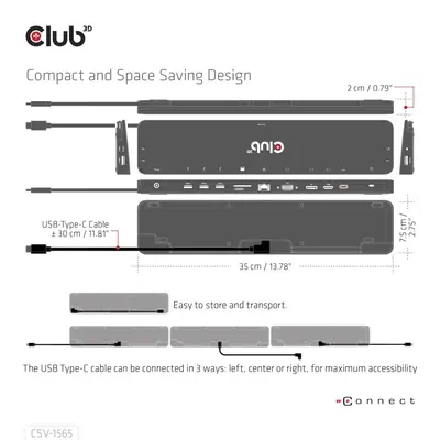 Club 3D Notebook Dokkoló - CSV-1565 (100W, USB-C to 5xUSB-A Gen 1, 2x USB-A 2.0, HDMI, DP,VGA, RJ45, Micro SD, 3,5 Jack) – 2. kép