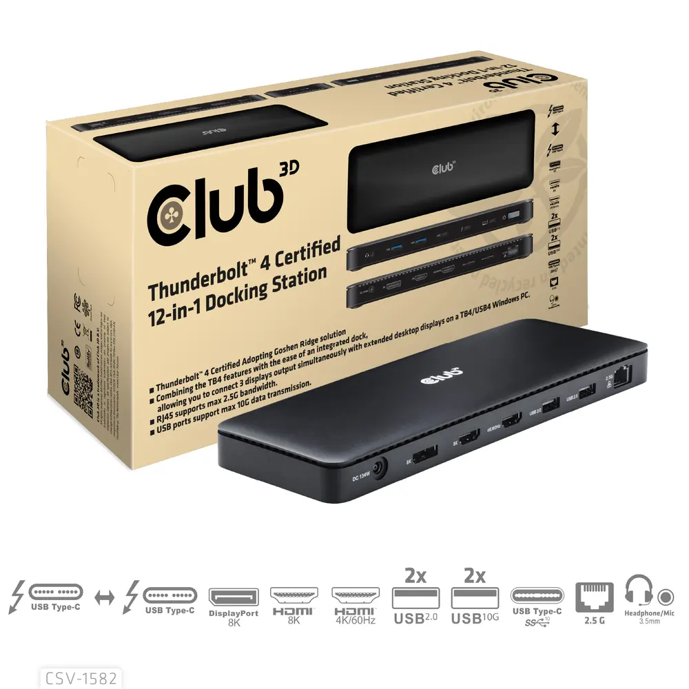 Club 3D Notebook Dokkoló - CSV-1582 (140W, Thunderbolt 4, DP, 2xHDMI, USB-C, 4xUSB-A, SD, TF, RJ45, 3,5 Jack, DC)