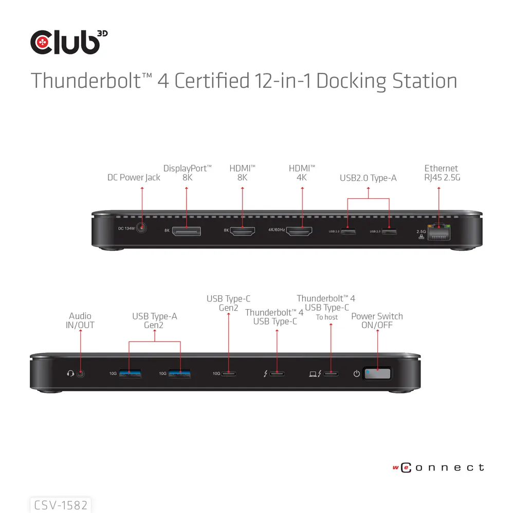 Club 3D Notebook Dokkoló - CSV-1582 (140W, Thunderbolt 4, DP, 2xHDMI, USB-C, 4xUSB-A, SD, TF, RJ45, 3,5 Jack, DC) – 4. kép
