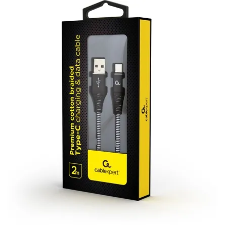 Gembird CC-USB2B-AMCM-2M-BW Premium cotton braided Type-C USB charging and data cable 2m Black/White – 2. kép