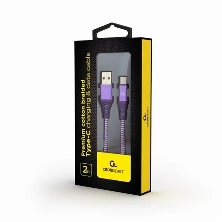 Gembird CC-USB2B-AMCM-2M-PW Premium cotton braided Type-C USB charging and data cable 2m Purple/White – 2. kép