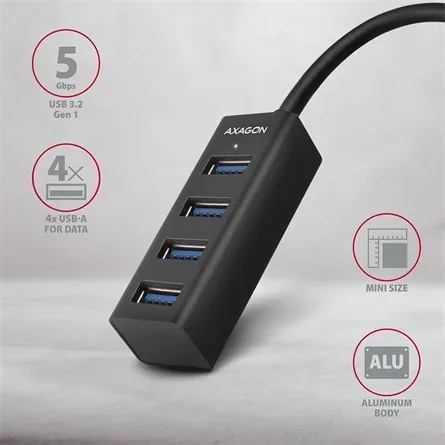 AXAGON HUE-M1AL SuperSpeed USB-A Mini Hub 4-Portos USB3.2 HUB Metal black – 2. kép