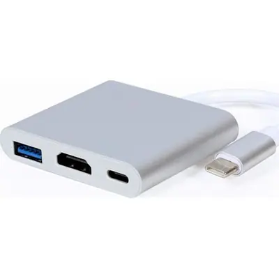Gembird USB-C -> 1db HDMI 1.4 1db USB-C 1db USB-A 2.0 M/F adapter 0.15m ezüst-fehér
