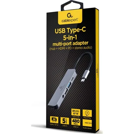 Gembird A-CM-COMBO5-02 5-port 87W USB-C dokkoló szürke – 3. kép