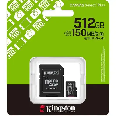 Kingston 512GB microSDXC Canvas Select Plus Gen3 Class 10 UHS-1 A1 V30 + adapterrel