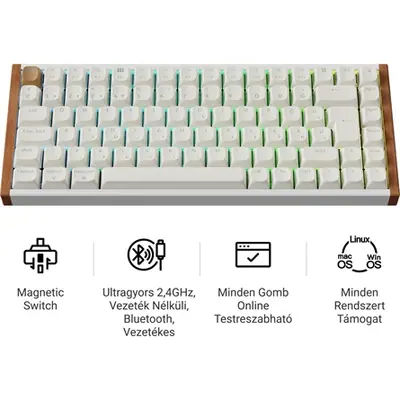Keychron K2 HE Bluetooth / vezeték nélküli magyar Gateron double-rail magnetic mechanikus billentyűzet fehér-rózsafa – 2. kép
