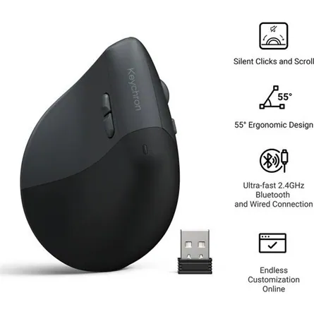 Keychron BM27 Ergonomic optikai Bluetooth / vezeték nélküli egér fekete-szürke – 4. kép
