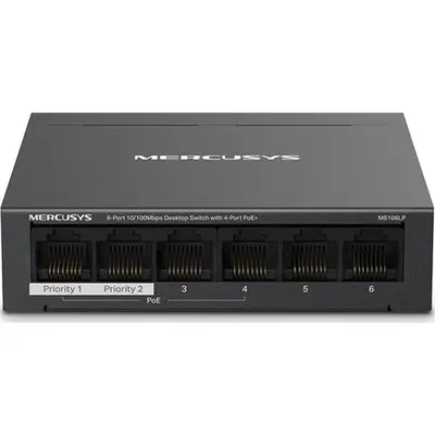 Mercusys Switch PoE - MS106LP (6 port 100Mbps; 4 af/at PoE+ port; 40W; 250m; fém ház)