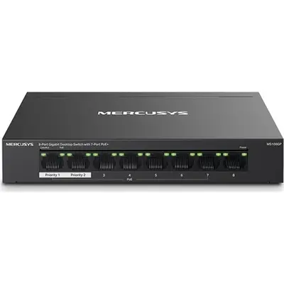 Mercusys Switch PoE - MS108GP (8 port 1Gbps; 7 af/at PoE+ port; 65W; 250m; fém ház)