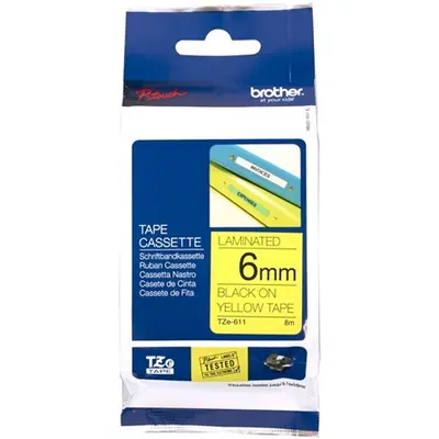 Brother TZE-611 laminált P-Touch szalag (6mm) Black on Yellow - 8m