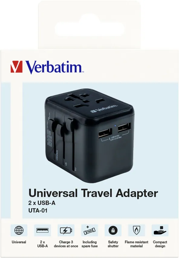 Verbatim Universal Travel Adapter UTA-01 Plug with 2 x USB-A ports – 6. kép
